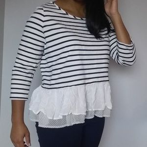 Maison Jules Navy Blue Striped Shirt with Ruffles